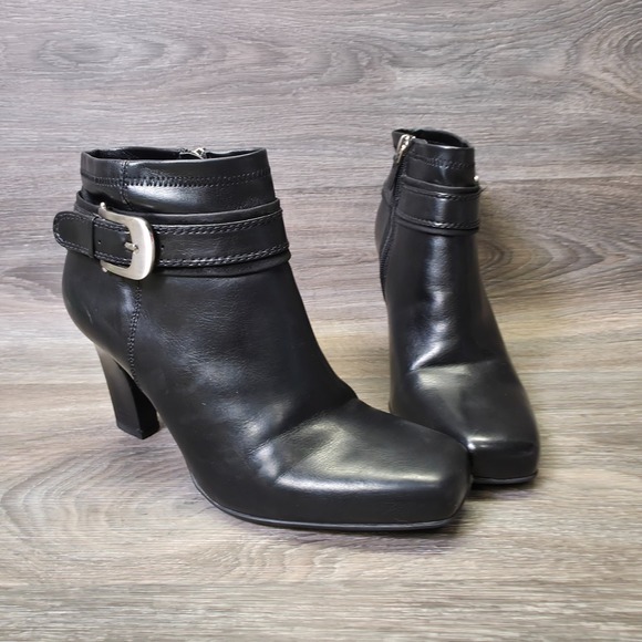 Franco Sarto Booties Womens 7 M Black Square Toe Buckle Ankle Heeled Moto Biker - Picture 1 of 15